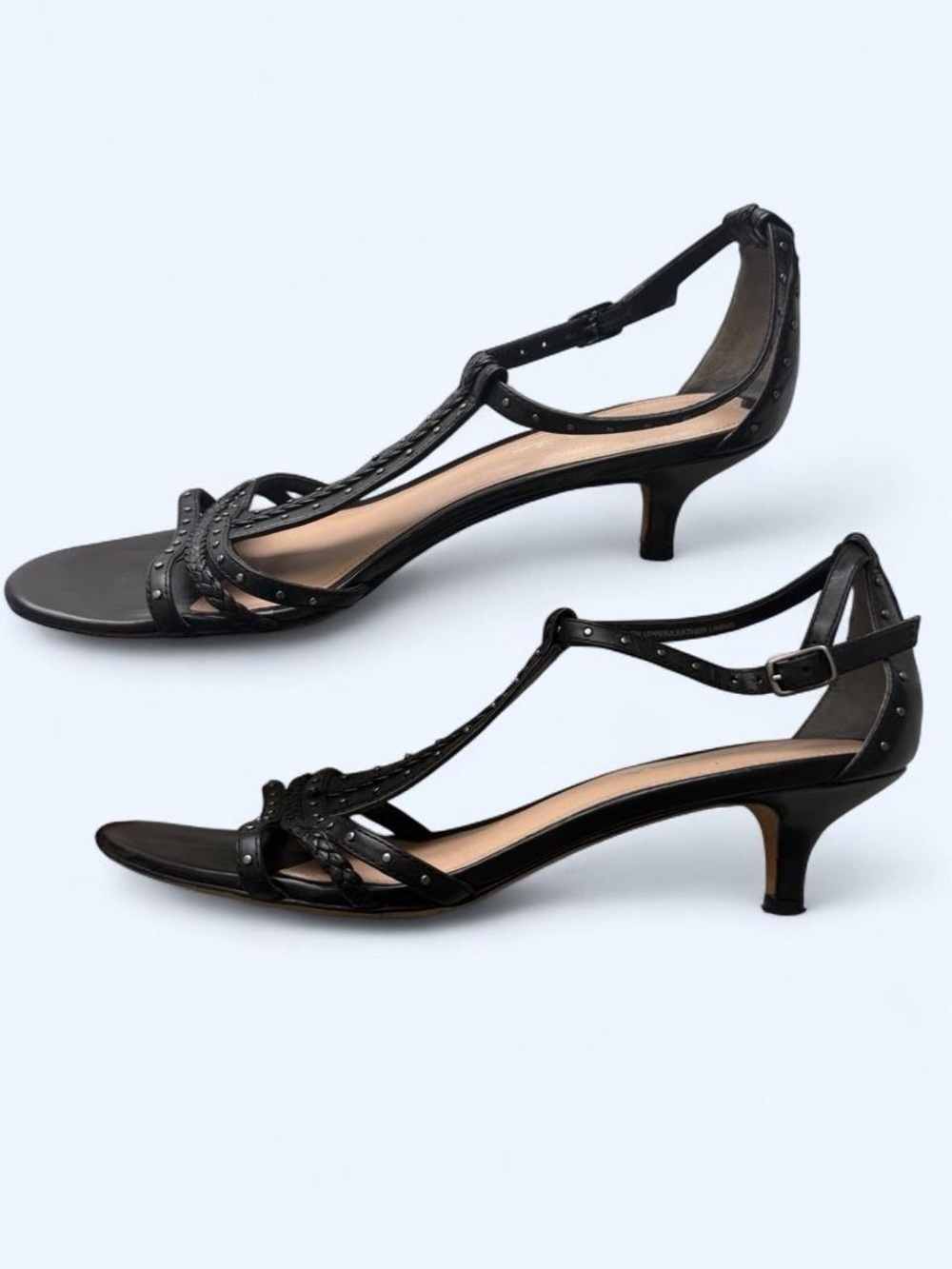 Vintage Via Spiga Black Studded Braided Kitten Heel T-Strap Sandals Y2K 7 Goth
